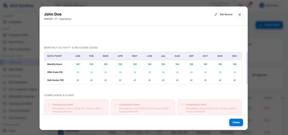 Employee Monthly Record screen in ACA Synthax