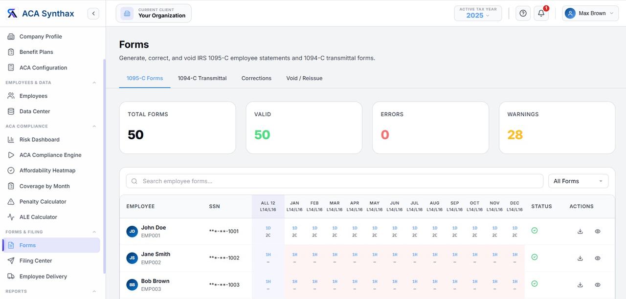 Forms: generate, correct and void IRS 1095-C statements and 1094-C transmittals with line 14/16 codes