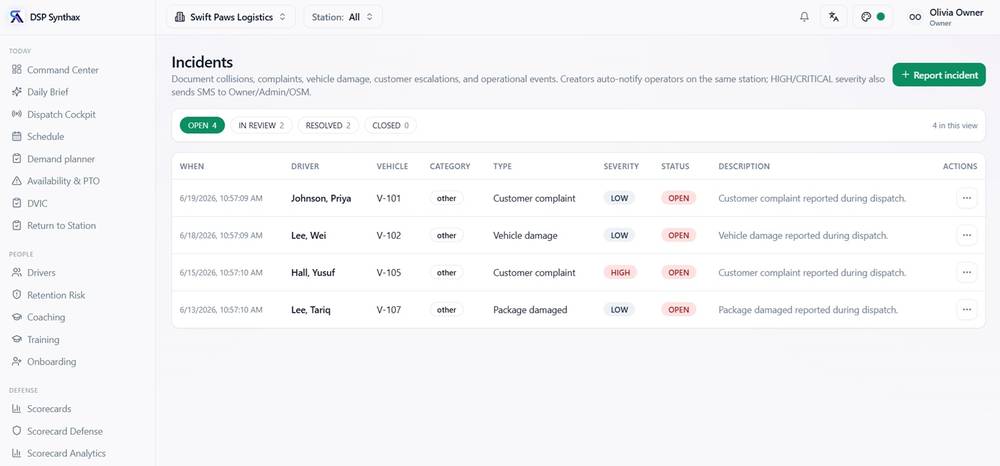 Incidents screen in DSP Synthax