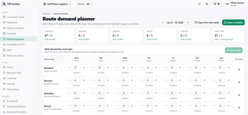 Route Demand Planner screen in DSP Synthax