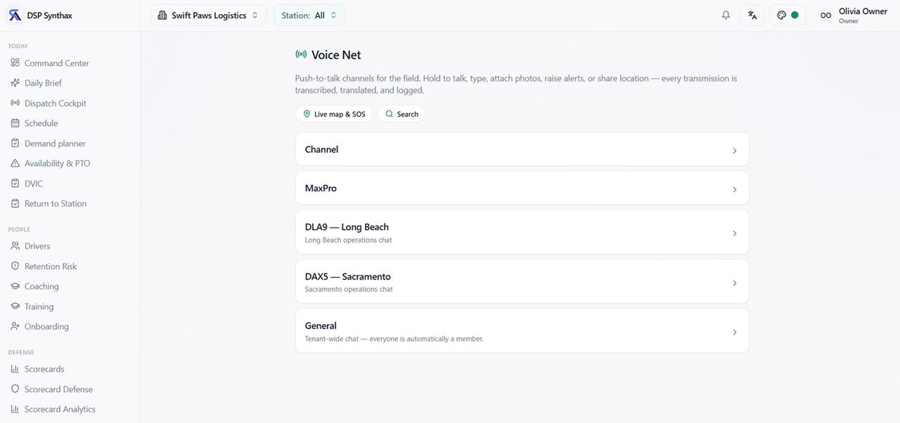 Voice Net: push-to-talk channels for the field with live map, SOS and search, organized by station